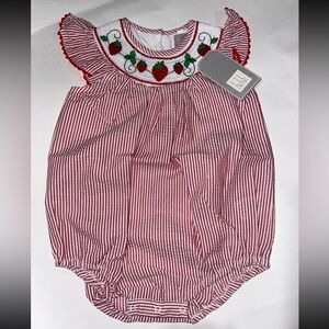 Red Striped Baby Romper with Strawberry Embroidery